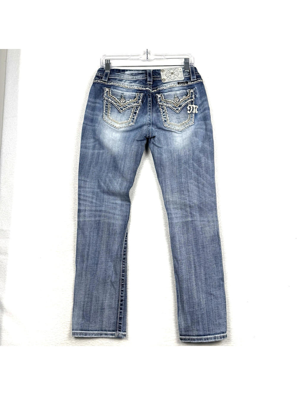 Miss Me Easy Straight Womens 27x30 Embroidered Pocket Flap Jeans Distressed Y2K